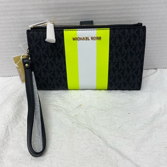 Michael Kors Continental Wristlet Wallet Logo Monogram Neon Striped NWT - Picture 7 of 14